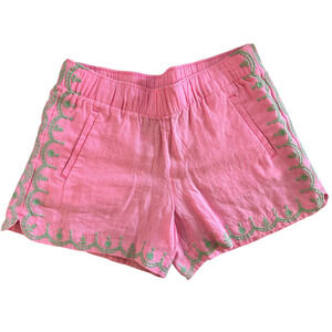 LILLY PULITZER PINK AND GREEN 100% LINEN SHORTS WITH POCKETS AND ELASTIC WAIST